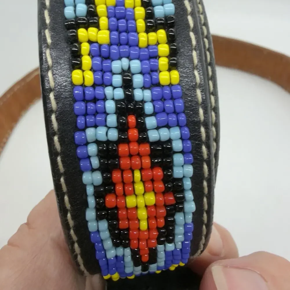 Vintage Beaded Leather Belt SouthWestern Black Sz 30 Native American Handmade